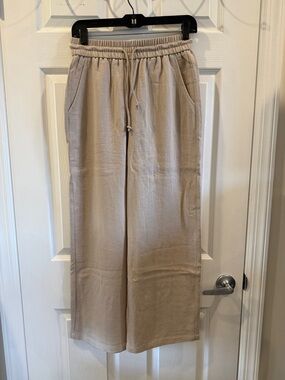 Beige Wide-Leg Drawstring Women’s Pants